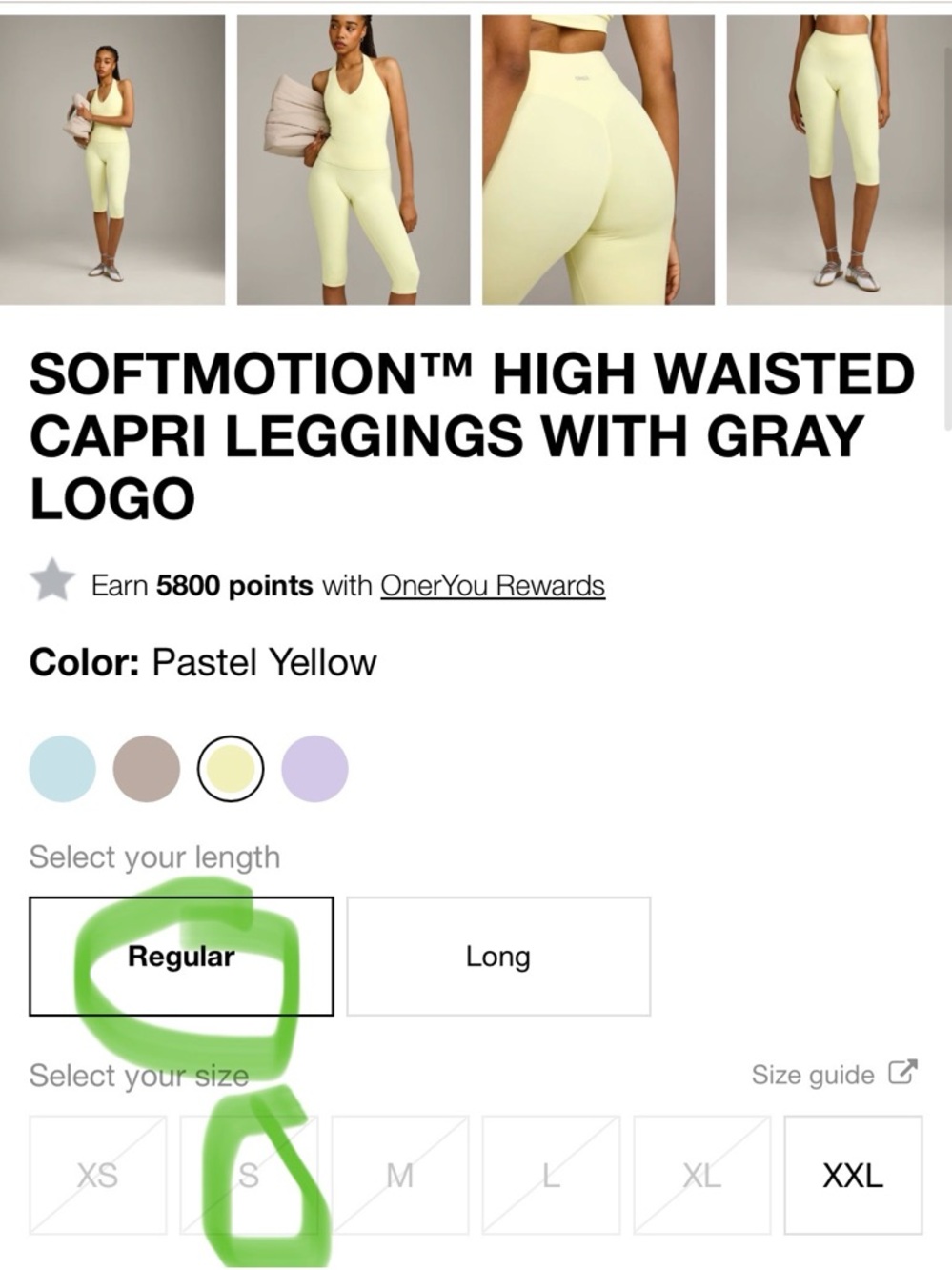 Oner Active SoftMotion High Waisted Capri Leggings Pastel Yellow Small Reg